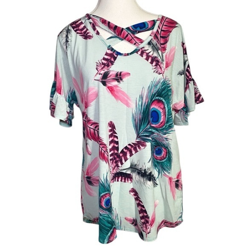 Haptics Vibrant Boho Peacock Print Criss-Cross V-Neck Top | Flutter Sleeves
